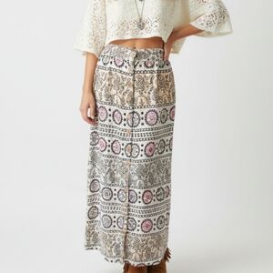 Vintage Handmade Elephant Cream Pink Print Skirt – 70s Boho Festival Style